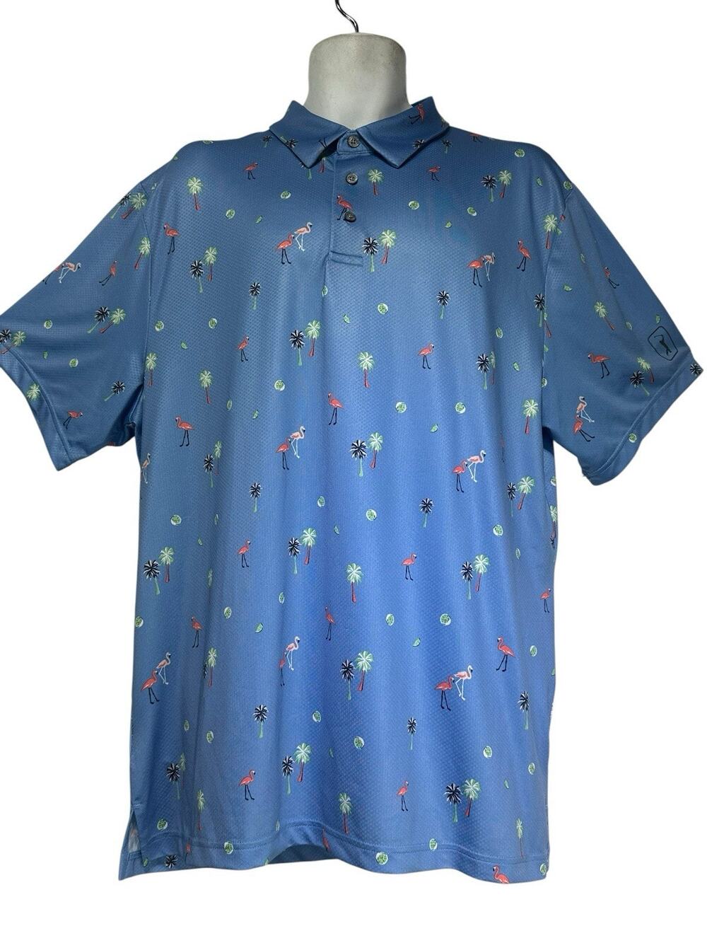 PGA Tour Flamingo Palm Tree Golf Polo Shirt Blue Performance Tropical Print XL